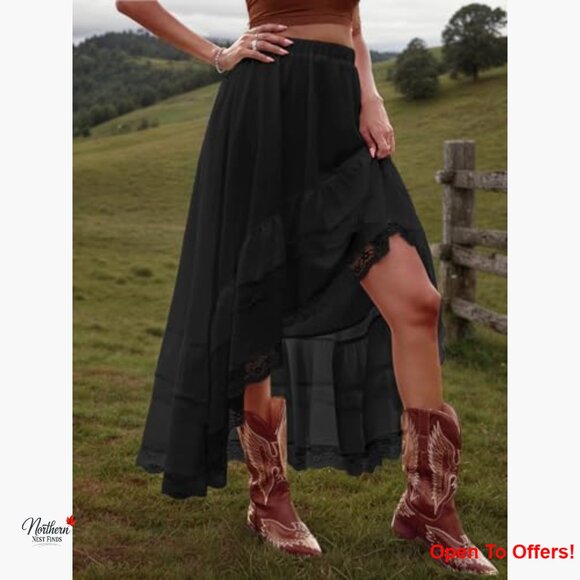 Polyester Maxi Skirt Asymmetrical High Low Lace Ruffle Tiered - Picture 3 of 7